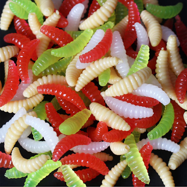 80 bløde fiskelokker af plastik, maddike, orm, 2 cm, bløde agn