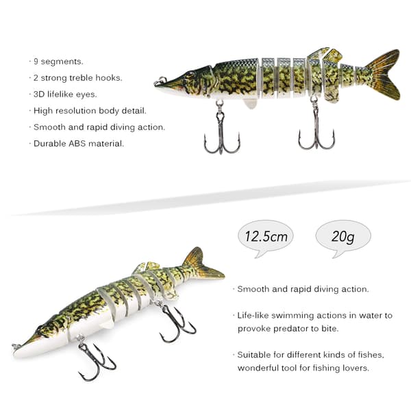 Konstgjort fiskedrag, 9 segment, 12,5 cm, 20 g, gäddrag med trekrokar