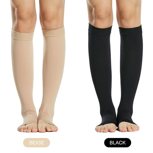 20-30mmHg åbne tåstrømper til åreknuder og hævelser, unisex, forstærket hæl, beige/sort
