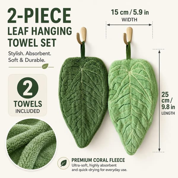 Sæt med 2 hurtigtørrende bløde fleece-håndklæder til ophængning i køkken, badeværelse og hjem – 24,9 x 15 cm
