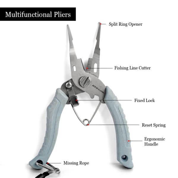Fisketang i rustfrit stål med saks og krogfjerner, med snor og skede.