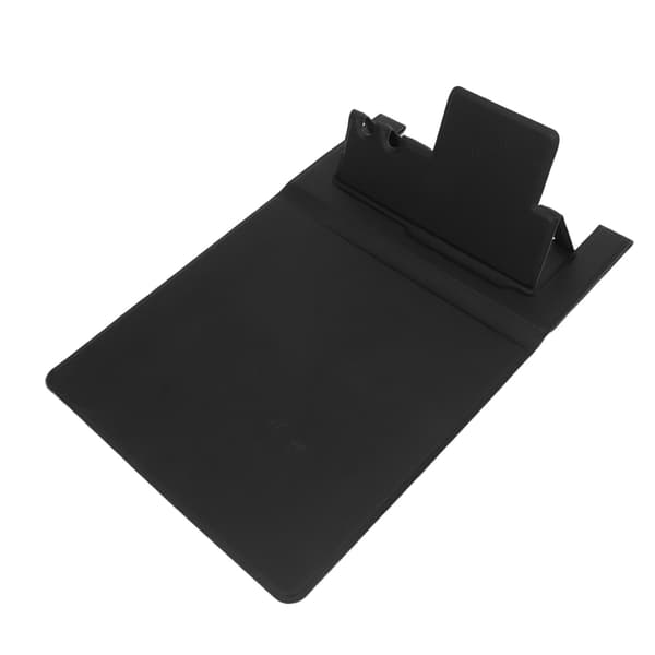 Svart USB-musematte med trådløs lading og sammenleggbart telefonstativ for PC, bærbar datamaskin og skrivebord