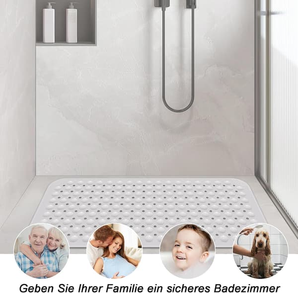 Brusemåtte, 40 x 80 cm brusemåtte, maskinvaskbar firkantet brusemåtte med sugekopper, til badekar, hvid