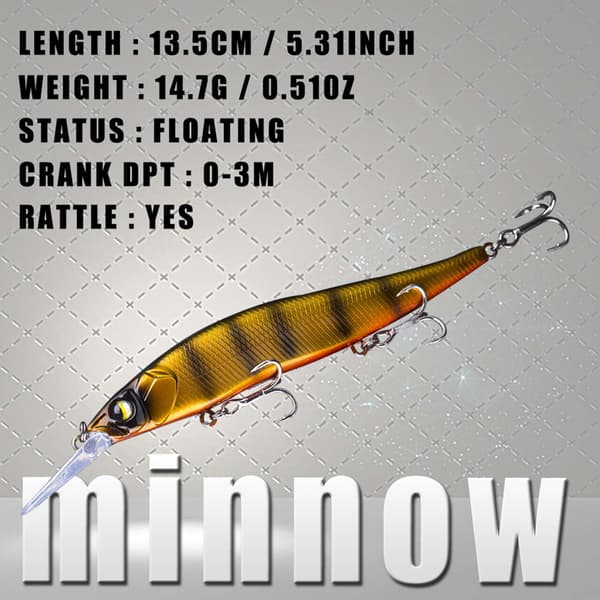 Minnow Jerkbait Fiskelokke til Bas med Trekrog, Medium Dybde, 13,5 cm, 14,7 g