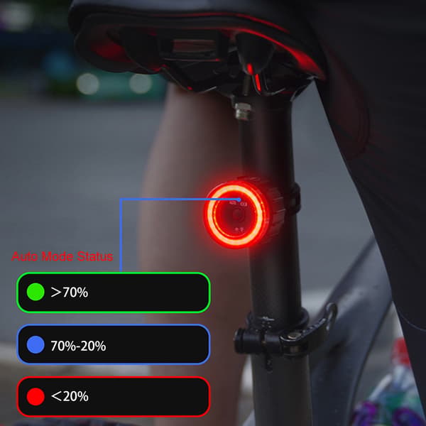 Sykkelbaklys med bremseoppdagelse, USB oppladbart, høy synlighet, 6 moduser, IPX5
