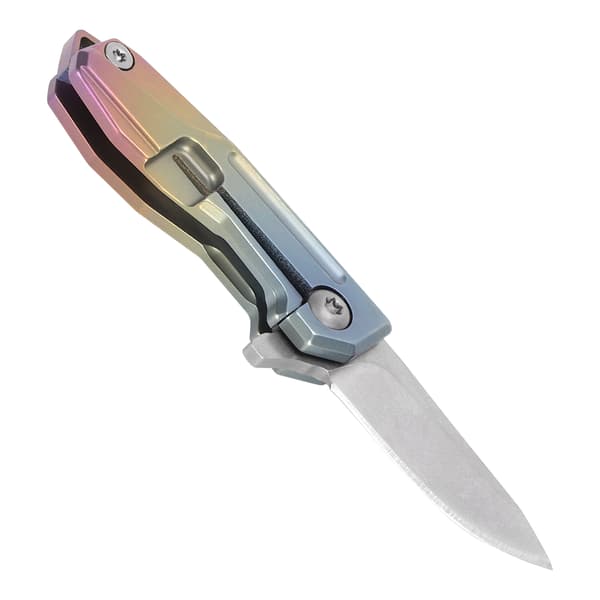 Mini kniv i titaniumlegering med D2-klinge, nøglering og farverig kæde