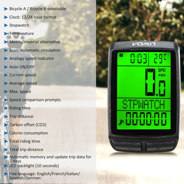 Lixada Trådløs Sykkelcomputer med Speedometer, Kilometerteller og LED-bakgrunnsbelysning