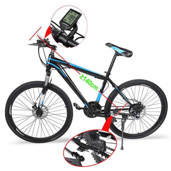 Trådløs cykelcomputer med kadence, IP65-klassificering, stor 2,5\" LCD-skærm og baggrundsbelysning.