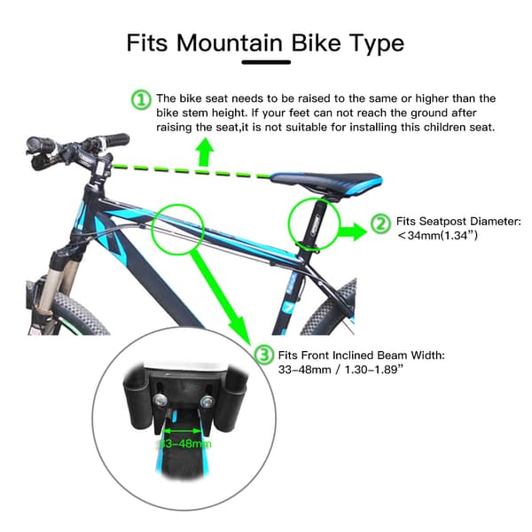 Säker frammonterad cykelbarnstol med vadderad dyna för mountainbikes och MTB, justerbar