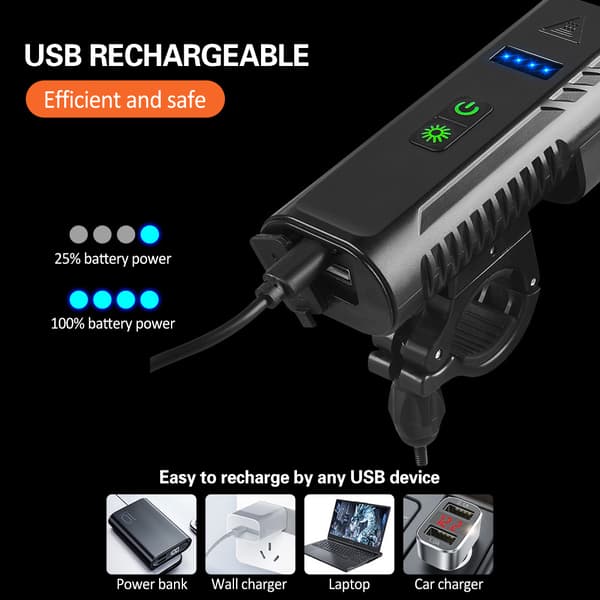 Sykkellys foran 1000 lumen med horn, USB oppladbart, vanntett, 8 moduser