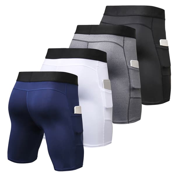 4-pakning treningsshorts for menn med lomme, elastisk shorts