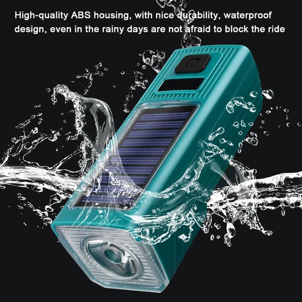 Vanntett Solar LED Sykkellys med Horn, 130dB, 4 Lysmoduser, Power Bank