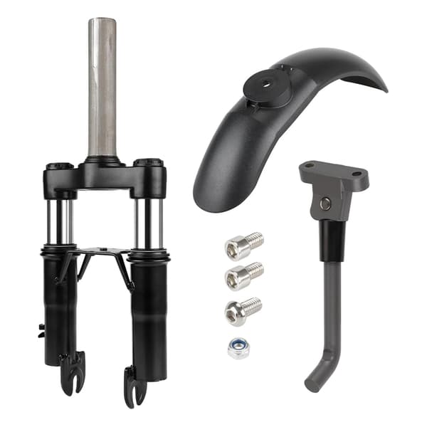 Framgaffelmontering med stötdämpare, stänkskärm och stöd för Xiaomi M365 elscooter.