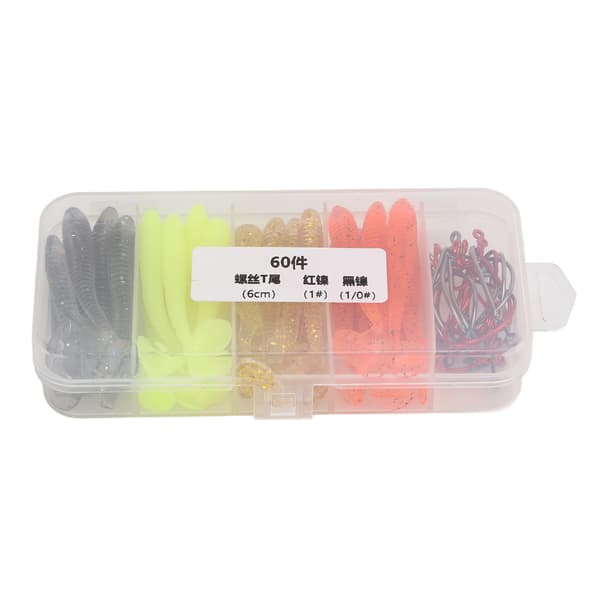 Sæt med 60 bløde agn med kroge i rustfrit stål, T-hale, PVC, til basfiskeri, 6 cm