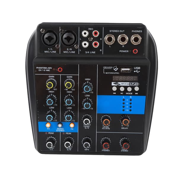 Profesjonell 4-kanals stereo USB-lydmikser for sceneutstyr, 100-240V, USB-plugg