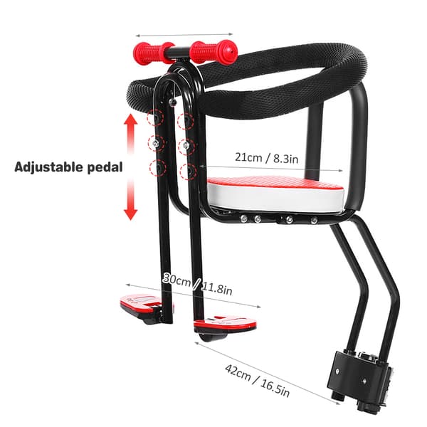Främre cykelsits för barn 1-3 år (max 35 kg) med pedaler och fällbart stöd