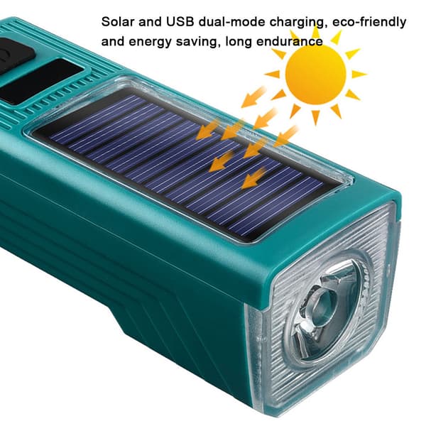 Vanntett Solar LED Sykkellys med Horn, 130dB, 4 Lysmoduser, Power Bank