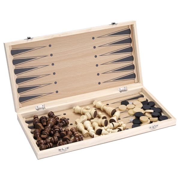 3-i-1 Träschackset: Schack, Dam, Backgammon, Hopfällbar Bräda 34x34cm för Barn och Vuxna