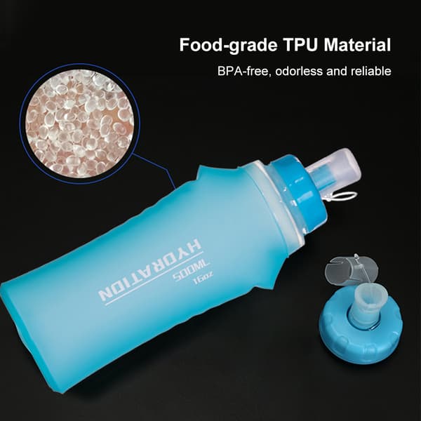 2-pack mjuka TPU hopfällbara vattenflaskor 500 ml för löpning, vandring, cykling, maraton