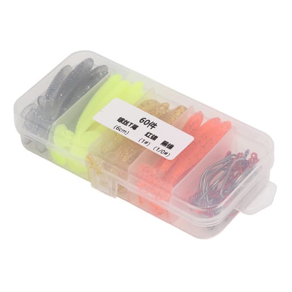 Sæt med 60 bløde agn med kroge i rustfrit stål, T-hale, PVC, til basfiskeri, 6 cm
