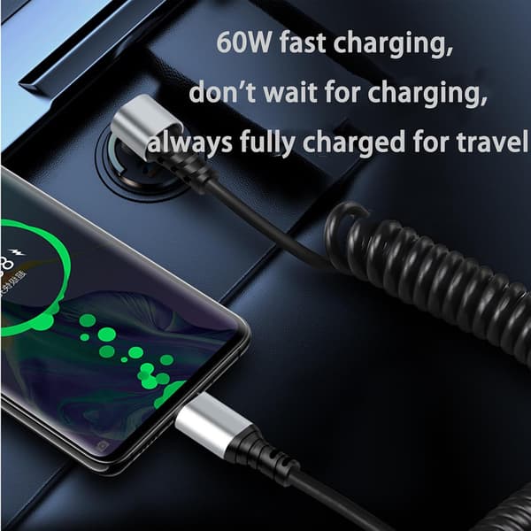 Pakke med 2 oprullede USB-C til USB-C kabler, 90-graders bilkabel, med datasynkronisering til iPhone 16 15