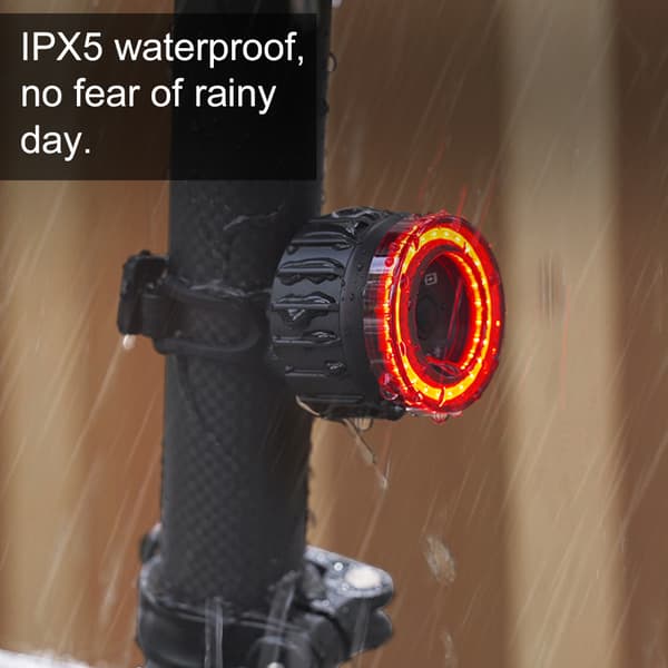Sykkelbaklys med bremseoppdagelse, USB oppladbart, høy synlighet, 6 moduser, IPX5