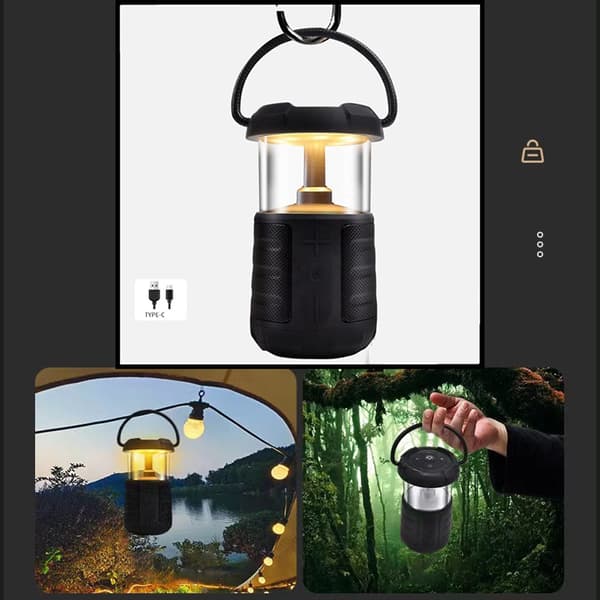 Multifunksjonell Campinglykt med Vanntett Bluetooth-høyttaler og Powerbank med Justerbar Lysstyrke