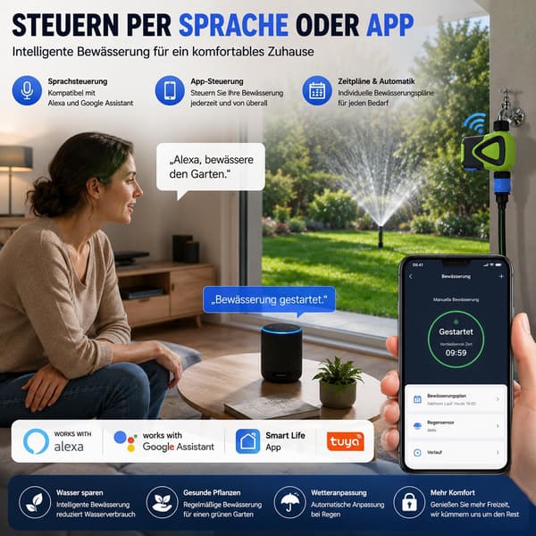 Smart timer uden behov for hub, kompatibel med app og stemmestyring, velegnet til haver og græsplæner