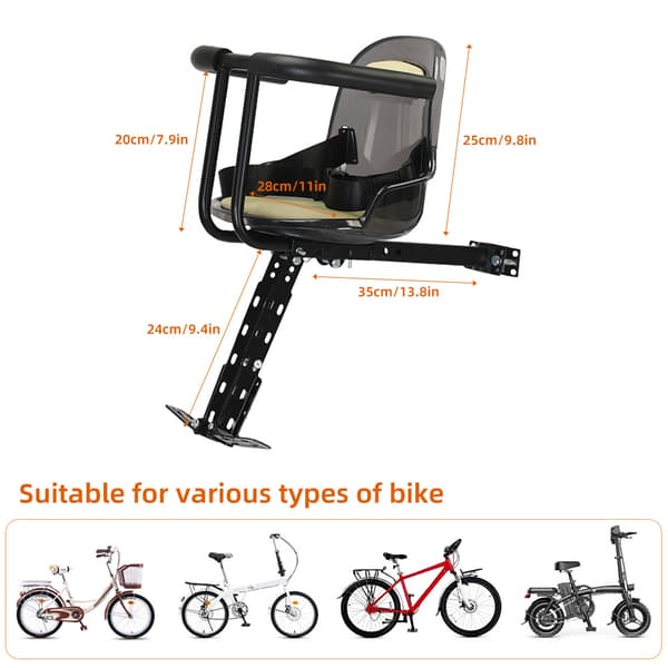 Frontmonterad barncykelsits med skyddsräcke och säkerhetssele för mountainbikes.