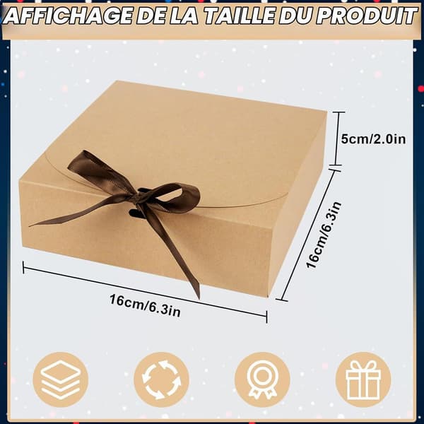 12-pack presentaskar med lock, 16*16*5 cm, brun presentask med band, dekorativ för presenter, bröllop och födelsedagar