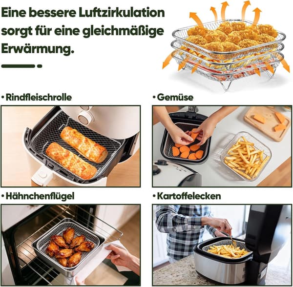Rektangulära 3-vånings airfryer-tillbehör med stödfötter och klämmor