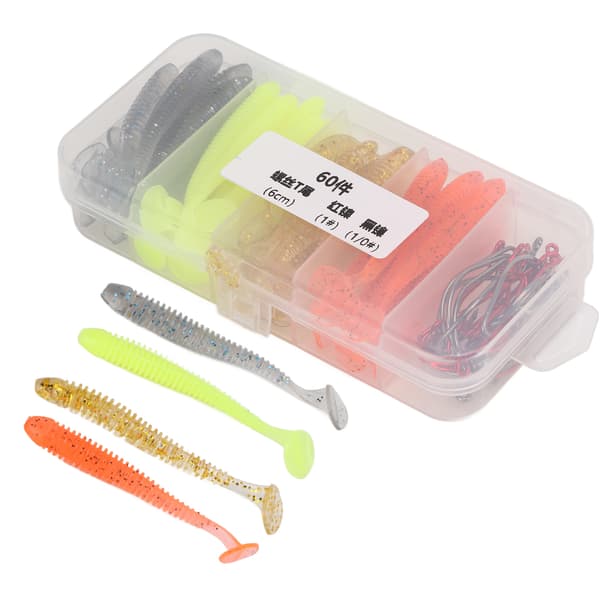 Sæt med 60 bløde agn med kroge i rustfrit stål, T-hale, PVC, til basfiskeri, 6 cm