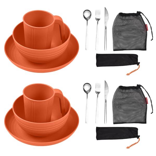 Bärbart campingbestickset för 2 med tallrik, skål, kopp och bestick, rostfritt stål vetestrå
