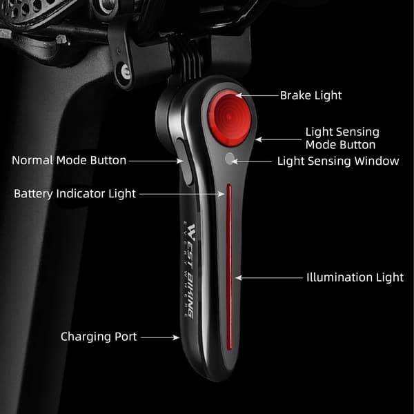 Smart baklykt til sykkel med bremsesensor, USB oppladbar, IPX6 LED for nattbruk