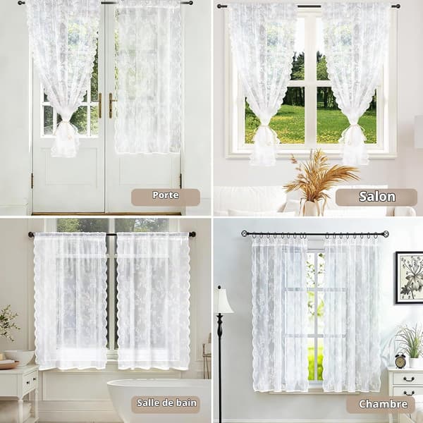 Set med 2 tunna vita spetsgardiner med blommönster för vardagsrum eller sovrum, 140 x 100 cm