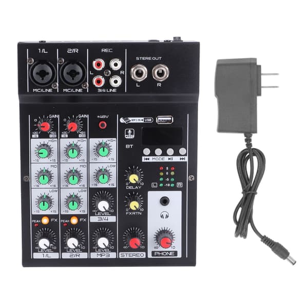 Professionel 4-kanals mixerkonsol med USB, Bluetooth og optagelse til streaming og karaoke (amerikansk stik)