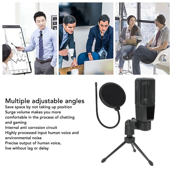 Kondensatormikrofon med støjreduktion og justerbart stativ til streaming og podcasting.