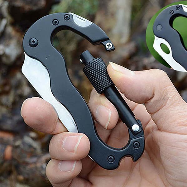 Sort 5-i-1 Multifunktionel Karabinhage med Kniv og Nøglering i Rustfrit Stål til Klatring og Camping
