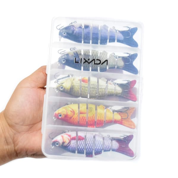 Lixada 5 fiskedrag för bas 6 segment Swimbait sjunkande bete med förvaringslåda