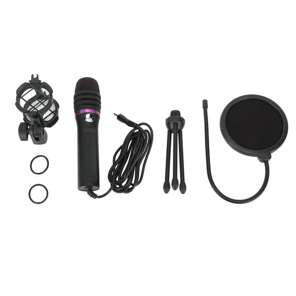 3,5 mm mikrofon med stativ og popfilter til optagelse og gaming på pc og bærbar computer