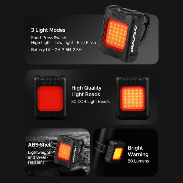 USB-ladattava LED-etu- ja takapyörävalosarja 3 valotilalla