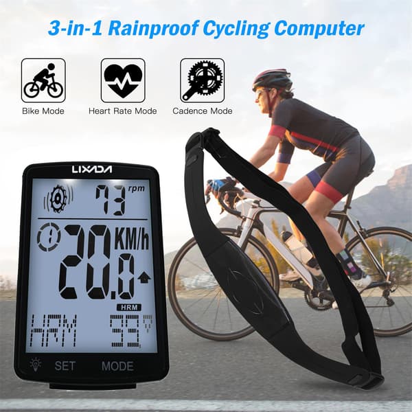 LIXADA 3-i-1 Trådløs Cykelcomputer med Pulssensor, IPX7-klassificering, 2,8-tommer LCD-skærm