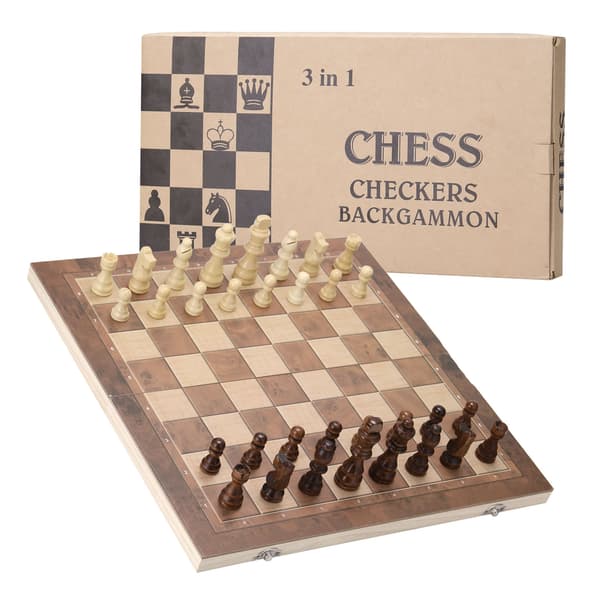 3-i-1 Träschackset: Schack, Dam, Backgammon, Hopfällbar Bräda 34x34cm för Barn och Vuxna