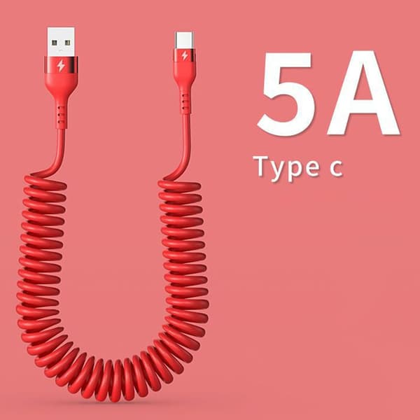 Spiralformet USB-C til udtrækkeligt bilopladerkabel til iPhone og Android, 5A hurtig strømoverførsel, rød, 150 cm
