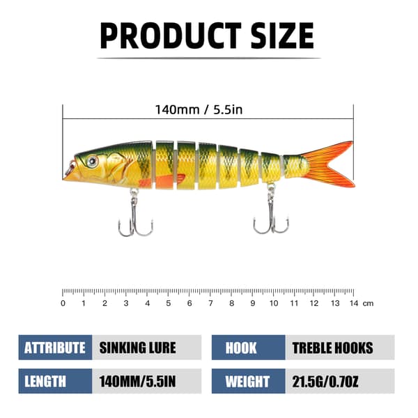 TARUOR 140 mm 8-segment sjunkande fiskedrag med trekrokar