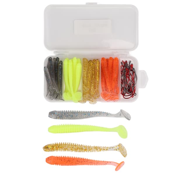 Sæt med 60 bløde agn med kroge i rustfrit stål, T-hale, PVC, til basfiskeri, 6 cm