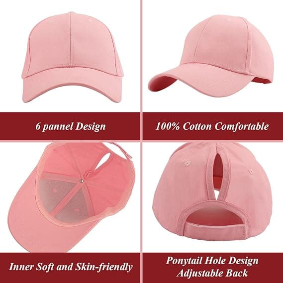 Hestehale Baseball Cap, åndbar bomuld, justerbar, letvægt, solbeskyttelse, lyserød
