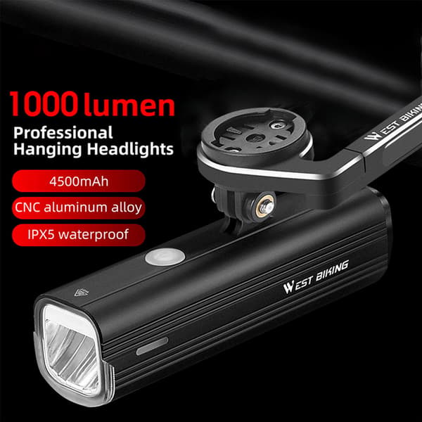 Sykkelhodelykt 1000 Lumen Oppladbar 4500mAh + Sykkelcomputerfeste