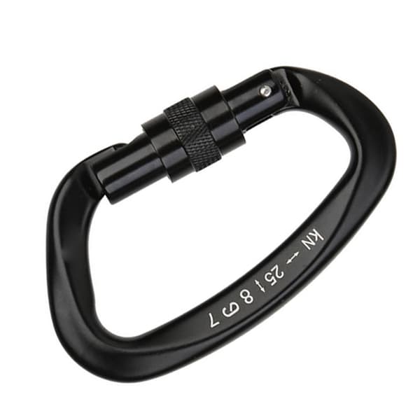 Aluminium D-ring karabinhage med låsemekanisme til klatring og bjergbestigning, sort.