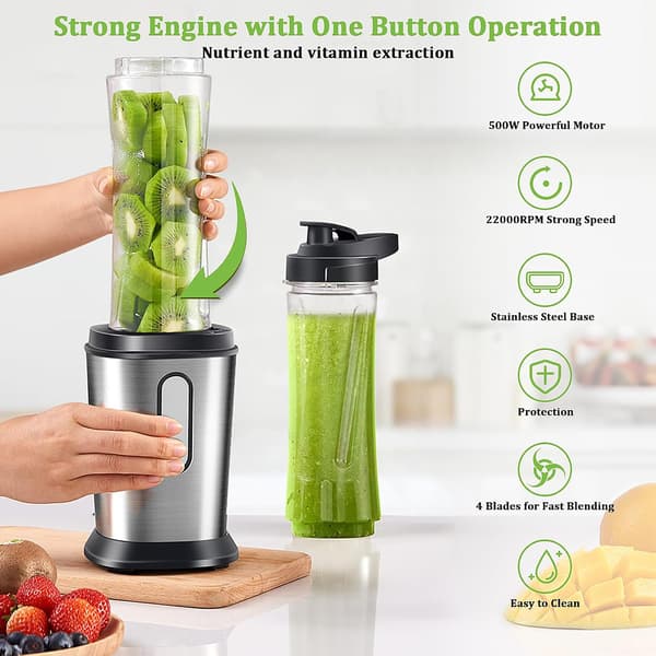 500W Mini-mixer & Smoothie-maskin med 2 x 600 ml flaskor, BPA-fri, bärbart rostfritt stål, 4 blad